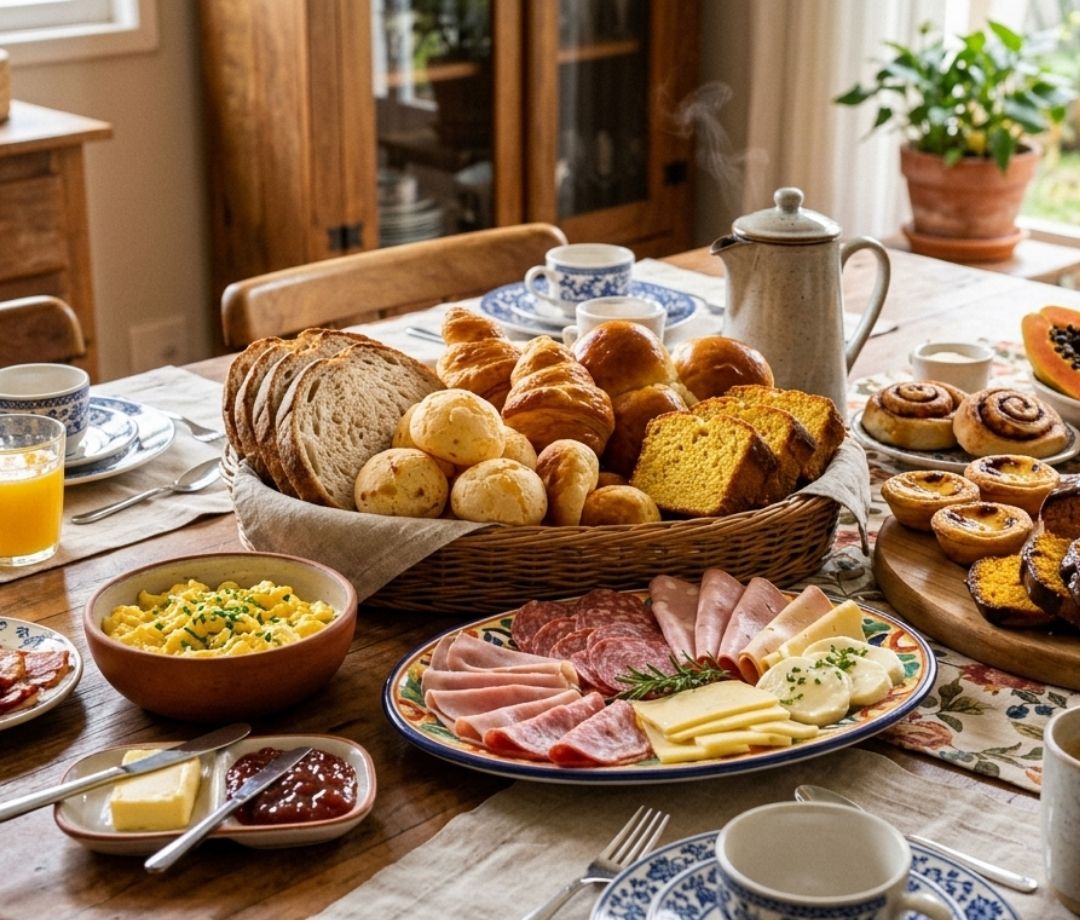 Mesa de buffet de café da manhã farta da San Remo Padaria com pães, frios e doces